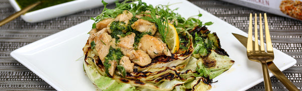 Lemon Dill Chicken on Charred Cabbage Steaks with Magical Herb Oil